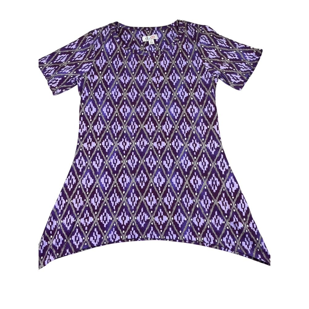 d&co Denim & Co Purple Ikat Tunic Top XXS Short‎ Sleeve Boho